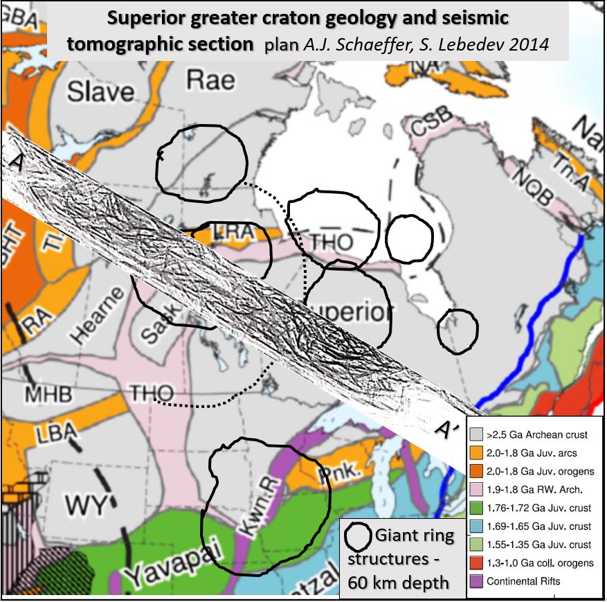 Superior craton geology 60 km interp rings section A A'