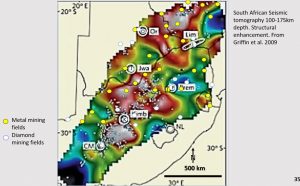 Figure 35. African seismic tomography at 135 km depth showing mines.