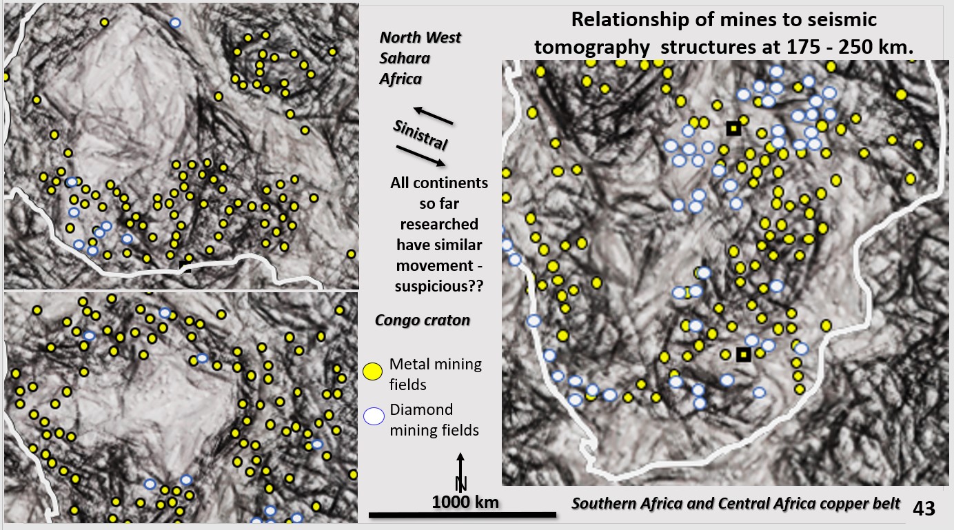 African seismic tomography at 215 km depth showing ultra- detailed structure association with mines, rings and linears.