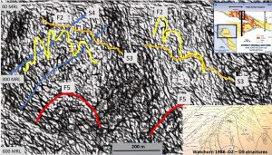 EagleEye enhancement of the 3D magnetic inversion section through section 254 of the Magdala mine. Interpretation of D1 to D4 in Watchorn’s 1986 MSc thesis.