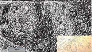 EagleEye enhancement of the 3D magnetic inversion section through section 300 of the Magdala mine. Shows correlation with the sketch of D1 to D4 in Watchorn’s 1986 MSc thesis.