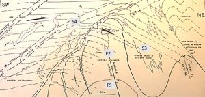 Shows figure 18 from Bob Watchorn’s 1986 MSc Thesis showing the relationship of D1 to D4 across the Magdala Dome.