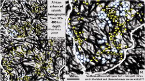 African ultra-detailed Seismic Tomography from 400 km depth with mines overlaid.