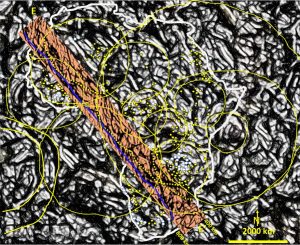 African ultra-detailed Seismic Tomography from 400 km depth with Section E, mines and rings overlaid.