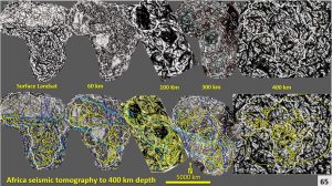 African Landsat and ultra-detailed Seismic Tomography from 60 - 400 km depth with mines and rings overlaid.