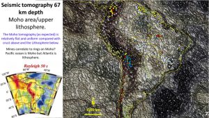 South America structural domain seismic tomography plan at 67 km depth (Moho) with mines and rings.