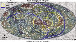 Global Venus topographic plan enhanced to show structural linear and ring domains. The linears, rings and ‘continents’ are overlain.