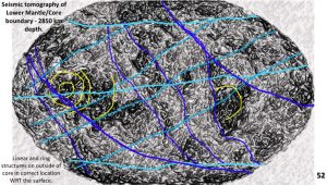 Global Earth structurally enhanced seismic tomographic plan of the mantle core boundary at 1850 km depth. Linears and rings overlain.