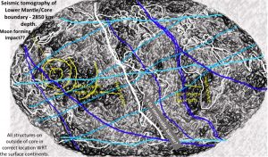 Global Earth structurally enhanced seismic tomographic plan of the mantle core boundary at 1850 km depth. Linears, rings and continents overlain.