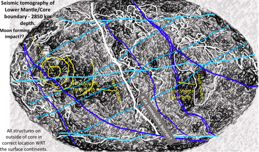 Global Earth structurally enhanced seismic tomographic plan of the mantle core boundary at 2850 km depth. Linears, rings and continents overlain.