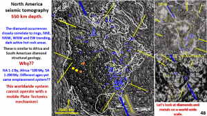 Figure 48. North America, South America and Africa interpreted, enhanced seismic tomography showing linears and diamond mines overlaid.