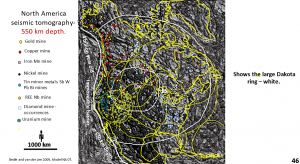 Figure 46. North America interpreted, enhanced seismic tomography at 550 km depth with mines overlaid.