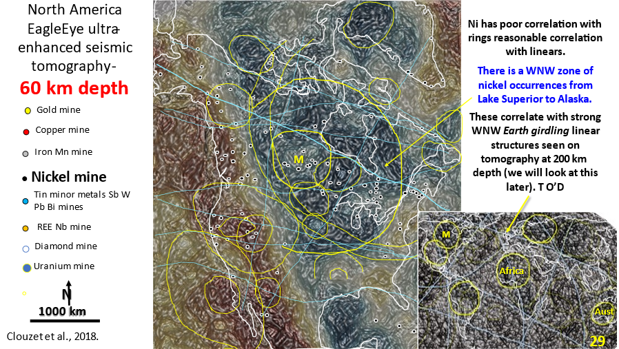 Figure 29. North America 60 km depth interpreted, enhanced seismic tomography showing linears and rings. Inset of world seismic tomography showing linears and rings.