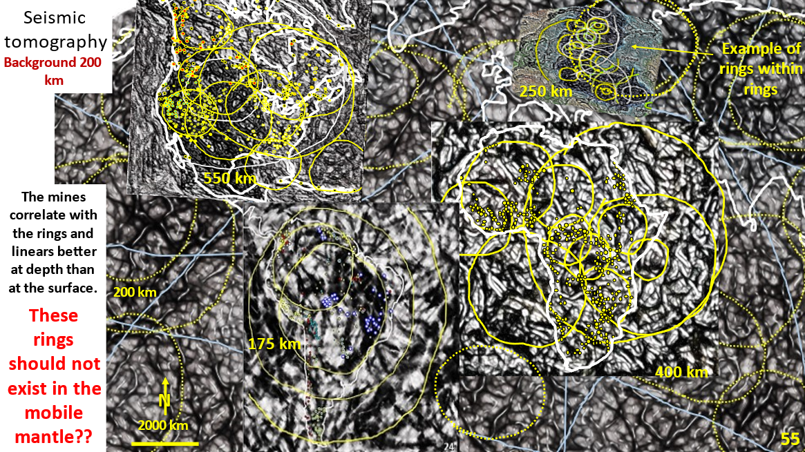 Figure 55. America, Europe and Africa area interpreted, enhanced seismic tomography showing geological structure and mines.