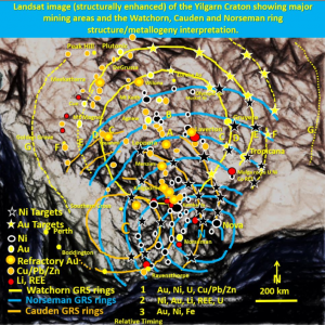 Figure 1. Watchorn Impact Structure with gold and nickel exploration targets – enhanced Landsat.