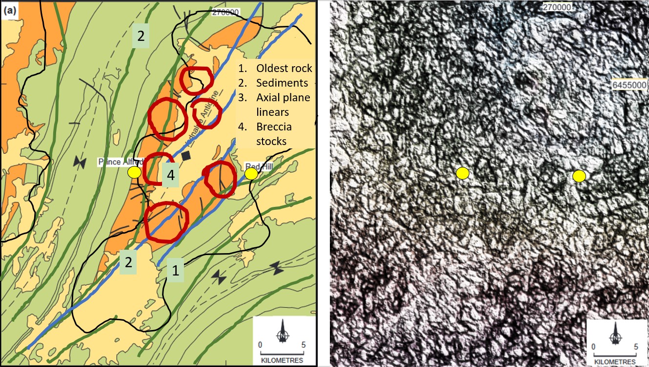 Figure 10. Dentith and Stuart 2003 geology plan and uninterpreted EagleEye plan