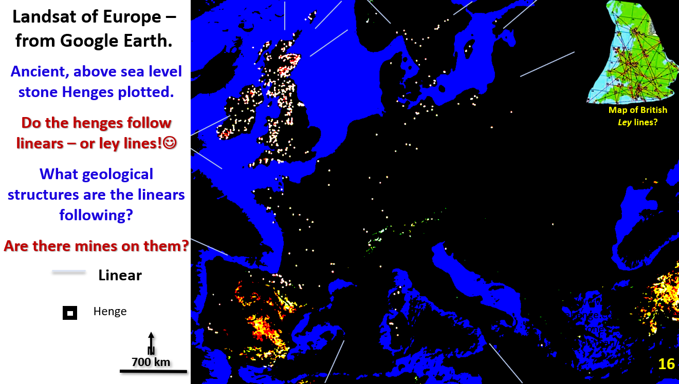 Figure 16. Landsat of Europe with above current sea-level ancient henges plotted.