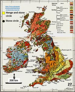 Figure 27. Ancient mines, stone circles and henges plotted on a Geological Map of the British Isles