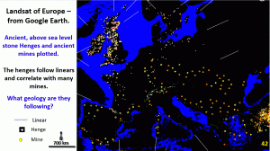 Figure 41. Landsat image of Europe showing the above sea-level henges and mines following linears.