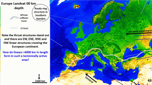 Figure 43. Landsat image of Europe showing linears crossing the Africa Europe collision zone.