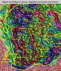 Figure 3. Yilgarn and Pilbara EagleEye enhanced magnetic data from Blewett LinkedIn post.