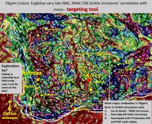 Figure 5. Yilgarn Craton magnetics. EagleEye very late NNE, NNW, ENE brittle structures