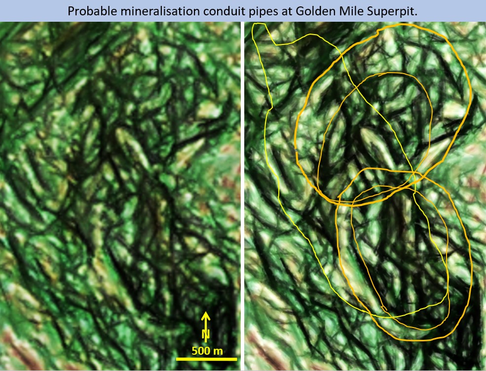 Figure 5k. Kalgoorlie Golden Mile Superpit, possible conduit pipes for sulphide and Telluride mineralisation.