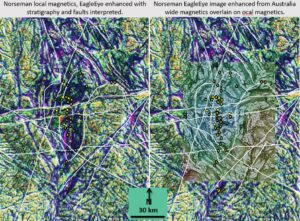 Figure 6d. Norseman Higginsville local magnetics and EagleEye Australia wide magnetics structural correlation.