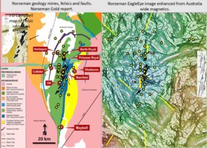 Figure 6f. Norseman geology, felsics and mines and EagleEye magnetics correlation.